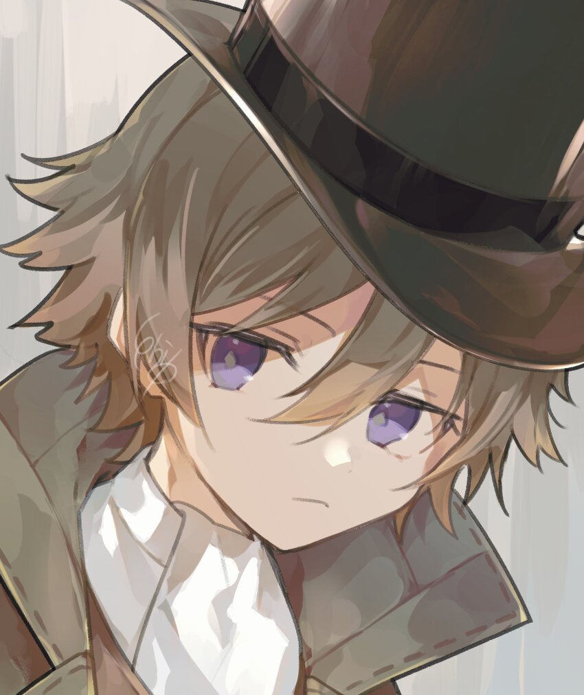 1boy, :/, absurdres, ascot, black_coat, black_hat, blue_eyes, brown_hair