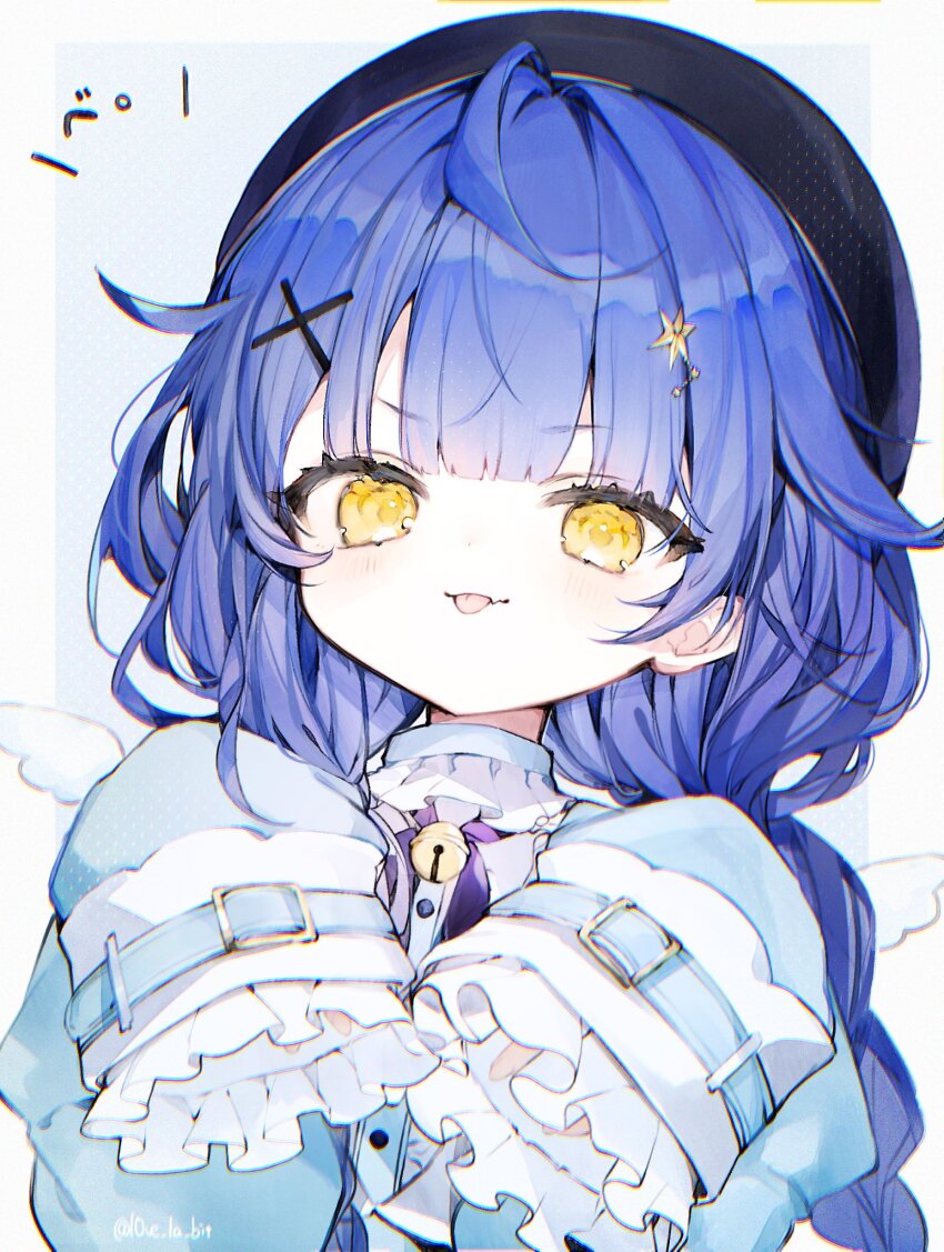 ahoge, amamiya_kokoro, bell, beret, black_hat, blue_hair, blunt_bangs, border