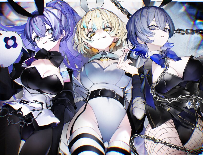 3girls, animal_ears, bandaged_arm, bandages, belt, black_belt, black_leotard, black_pantyhose