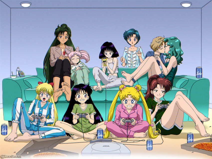 6+girls, aino_minako, alcohol, artemis_(sailor_moon), ass, barefoot, bishoujo_senshi_sailor_moon, black_hair, blonde_hair, blue_eyes, blue_hair, blush, breasts, brown_eyes, brown_hair, chibi_usa, clenched_teeth, closed_eyes, closed_mouth, controller, couch, cup, drinking_glass, earrings, feet, food, game_controller, green_hair, grin, hair_ribbon, highres, hino_rei, hug, indoors, jewelry, kaiou_michiru, kino_makoto, kiss, kodi_sakari, long_hair, looking_ahead, looking_at_another, meiou_setsuna, midriff, mizuno_ami, multiple_girls, navel, on_couch, open_mouth, pajamas, pink_hair, playing_games, playing_video_games, playstation_controller, ponytail, purple_eyes, ribbon, shorts, small_breasts, smile, smug, soles, teeth, ten'ou_haruka, tomoe_hotaru, tsukino_usagi, twintails, wide_hips, wine, wine_glass, yuri