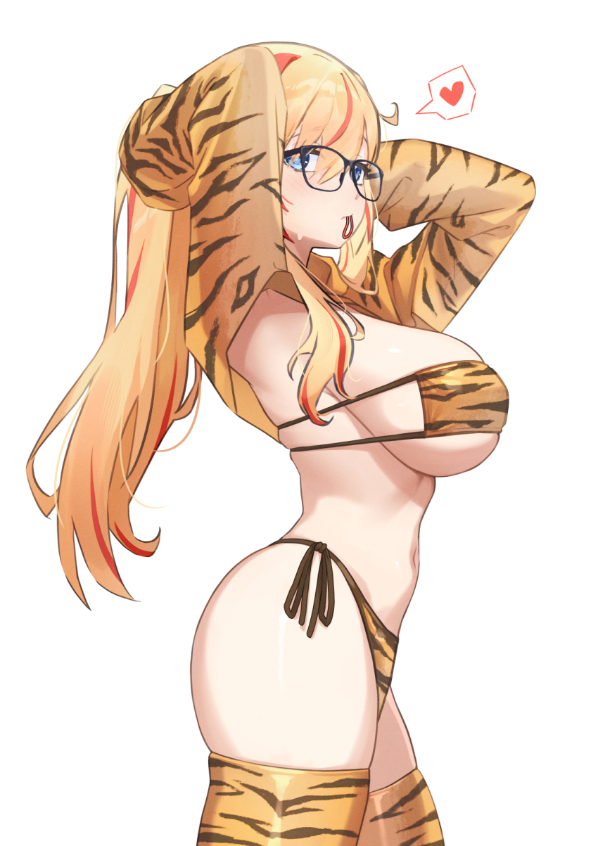 animal_print, armpits, arms_behind_head, arms_up, bikini, blonde_hair, blue_eyes, breasts, covered_erect_nipples, cowboy_shot, eyepatch_bikini, from_side, glasses, hair_over_shoulder, heart, highres, kangbus, large_breasts, long_hair, long_sleeves, maha5, mouth_hold, multicolored_hair, navel, nia_redalion, ponytail, red_hair, shrug_(clothing), side-tie_bikini_bottom, sideboob, simple_background, spoken_heart, stomach, streaked_hair, swimsuit, thighhighs, tiger_print, tying_hair, underboob, virtual_youtuber, white_background