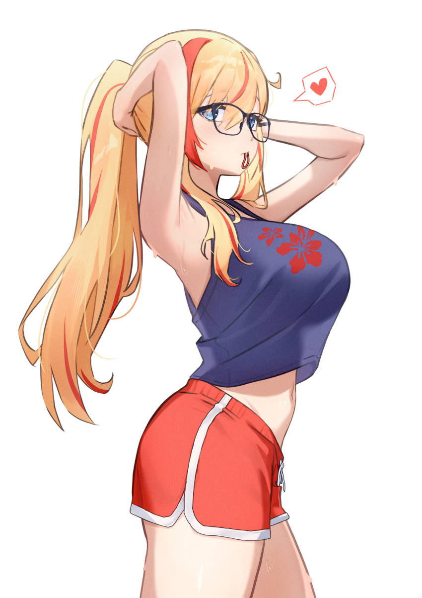 armpits, arms_behind_head, arms_up, blonde_hair, blue_eyes, blue_shirt, breasts, camisole