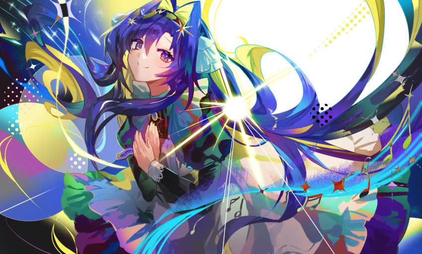 1girl, apron, black_dress, blonde_hair, blue_eyes, blue_hair, closed_mouth, colored_inner_hair