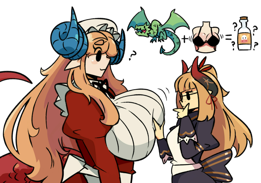 2girls, ?, breasts, dragon_maid_(murgoten), equal_sign, hat, highres, huge_breasts