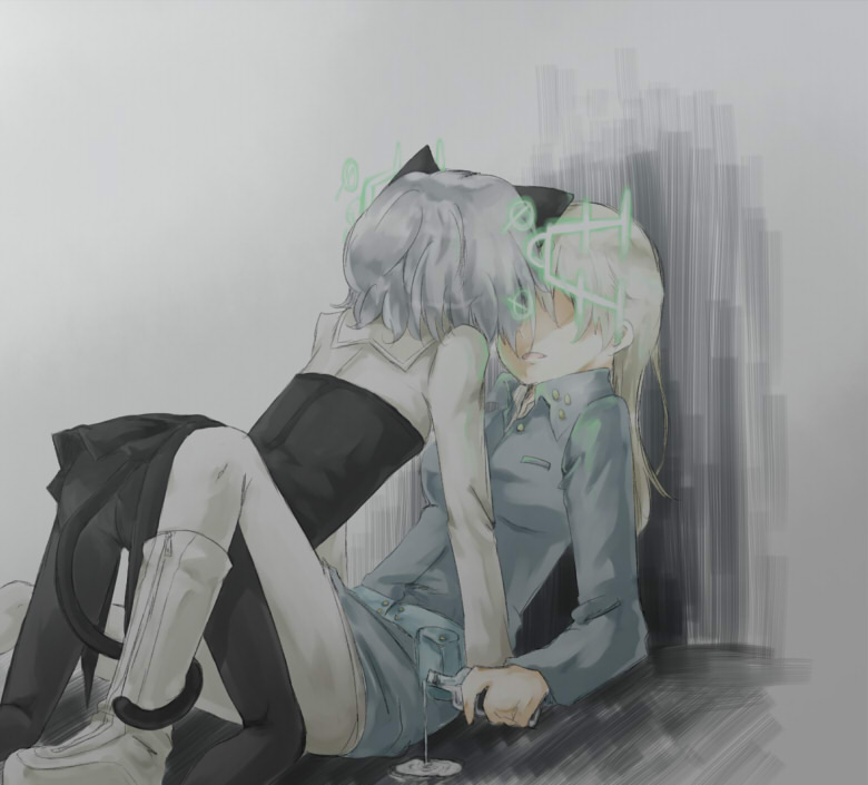 2girls, alcohol, animal_ears, ass, black_legwear, boots, bottle, cat_ears