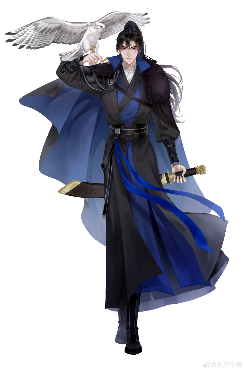 1boy, absurdres, arm_up, bird, bird_on_hand, black_boots, black_cape, black_sash