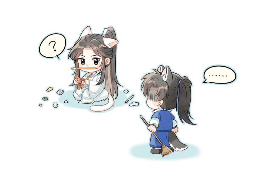 ..., 2boys, ?, animal_ears, blue_hanfu, blue_ribbon, broom, calligraphy_brush