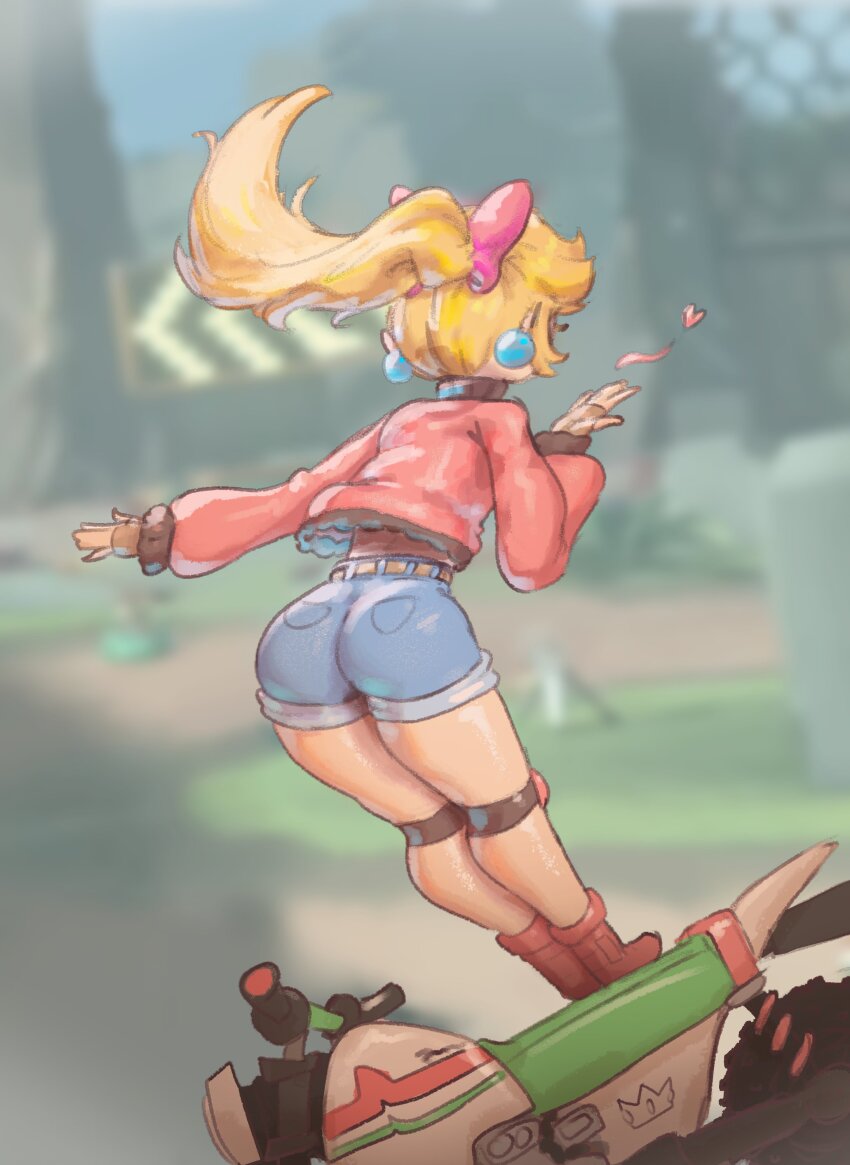 1girl, absurdres, ass, back, blonde_hair, blowing_kiss, bow, brown_gloves