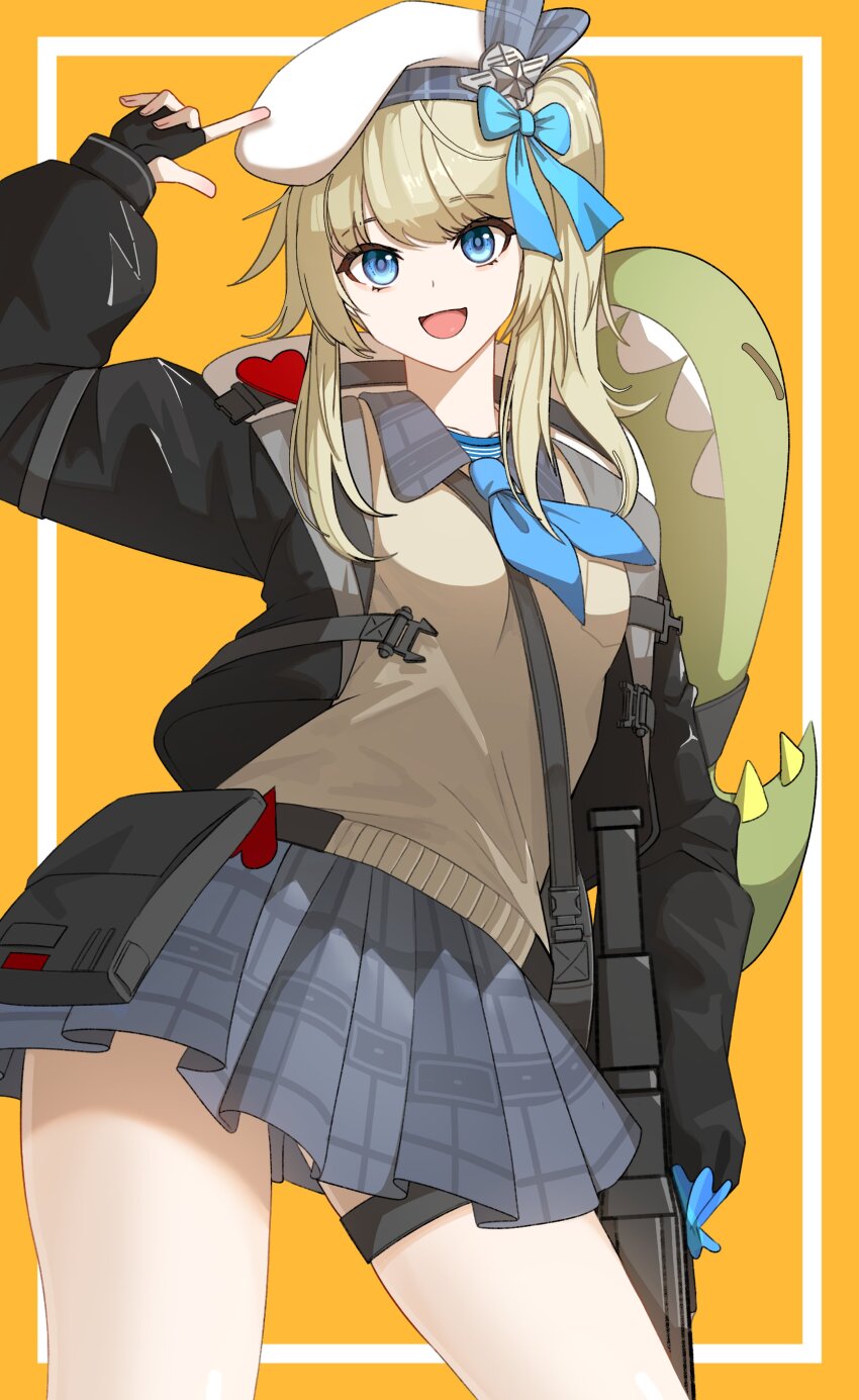 1girl, :d, absurdres, beret, black_gloves, black_jacket, blonde_hair, blue_bow