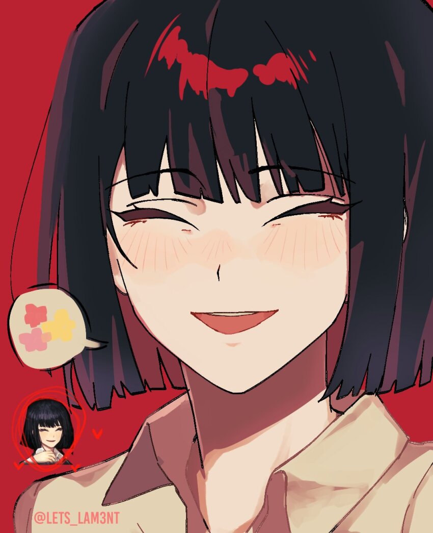 1girl, :d, ^_^, black_hair, blunt_ends, blush, closed_eyes, collared_shirt