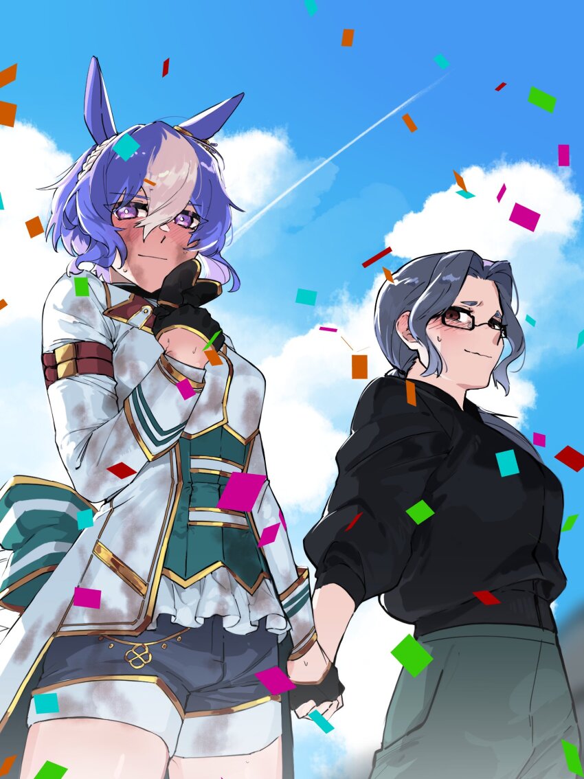 2girls, animal_ears, aqua_bow, back_bow, black_gloves, black_jacket, blue_hair, blue_sky