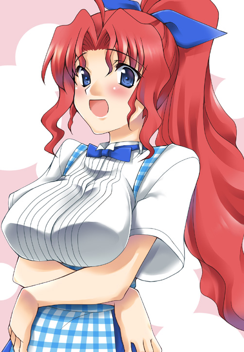1girl, alternate_costume, apron, blue_apron, blue_eyes, breasts, gingham_apron, gingham_clothes