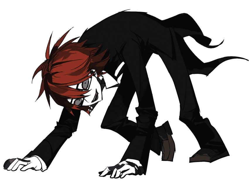 1boy, all_fours, black_coat, black_eyes, coat, coattails, colored_sclera, fang