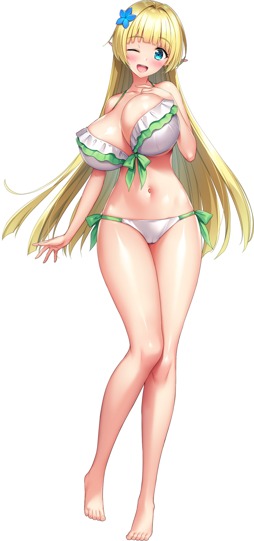 1girl, absurdres, barefoot, bikini, blonde_hair, blue_eyes, blue_flower, blunt_bangs, blush, breasts, derauea, elf, elze_eve_dianta, flower, frilled_bikini, frills, full_body, game_cg, green_trim, hair_flower, hair_ornament, highres, hime_cut, huge_breasts, long_hair, long_pointy_ears, looking_at_viewer, motto!_haramase!_(series), motto!_haramase!_honoo_no_oppai_isekai_chou_ero_succubus_gakuen!, navel, non-web_source, official_art, one_eye_closed, open_mouth, pointy_ears, side-tie_bikini_bottom, smile, solo, sprite, standing, swimsuit, tachi-e, transparent_background, white_bikini