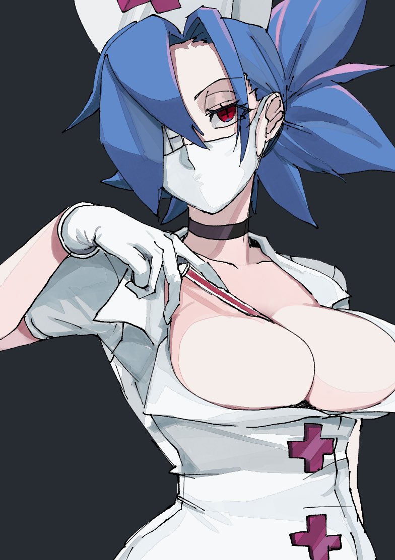 1girl, between_breasts, black_background, blue_hair, breasts, choker, cleavage, collarbone, eyepatch, gloves, hair_over_one_eye, hat, large_breasts, latex, latex_gloves, mouth_mask, nurse_cap, red_eyes, shimoya_k, skullgirls, solo, surgical_mask, thermometer, upper_body, valentine_(skullgirls)