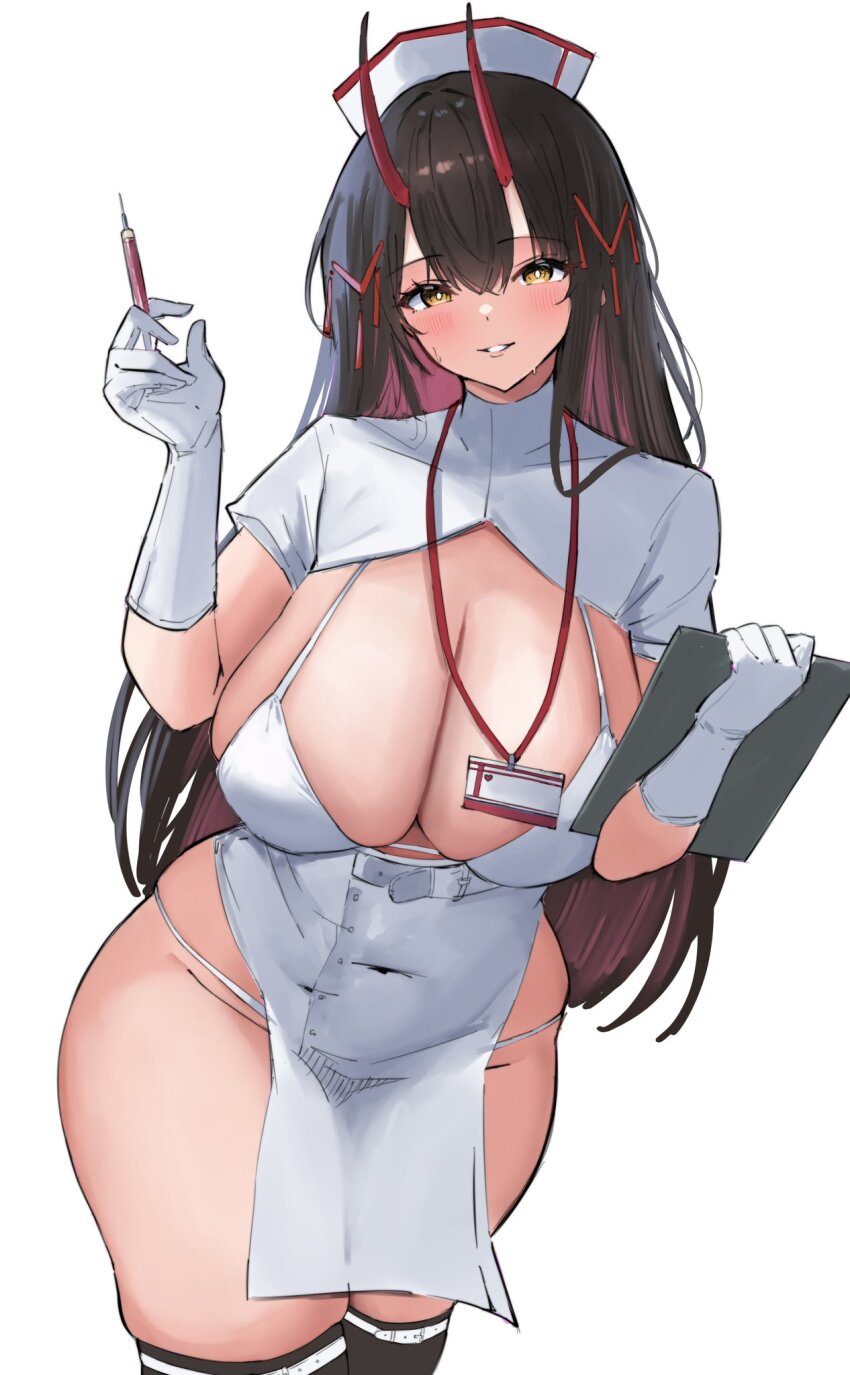 1girl, azur_lane, black_hair, blush, breasts, clipboard, covered_navel, gloves