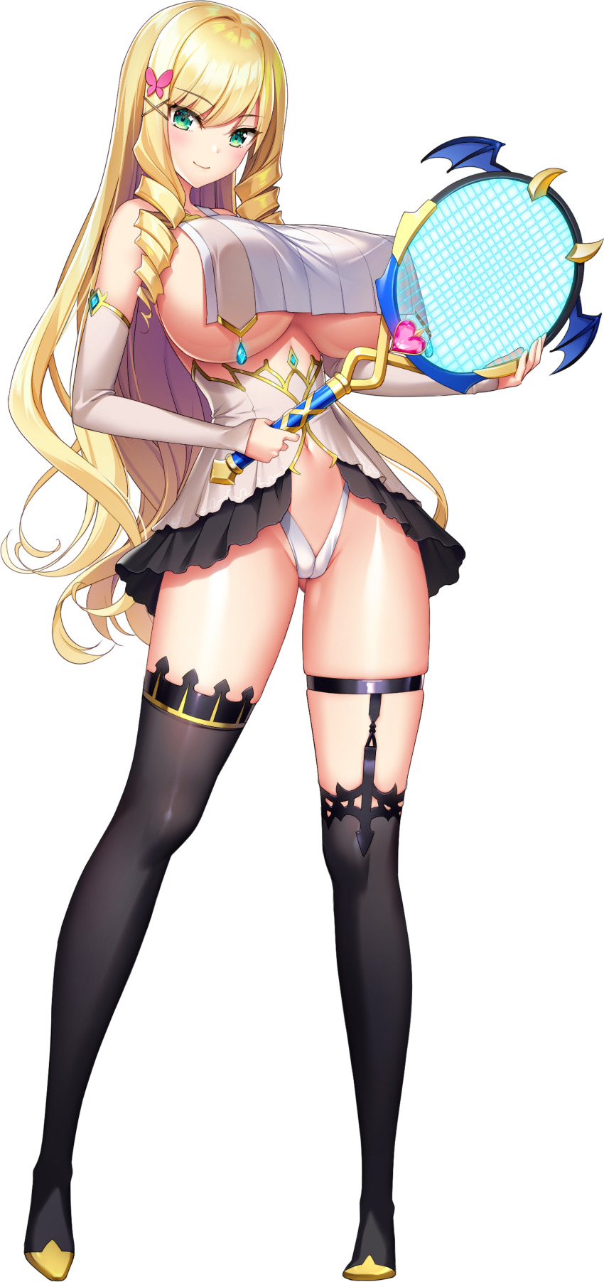 1girl, absurdres, ass, asymmetrical_legwear, blonde_hair, boots, breast_curtains, breasts