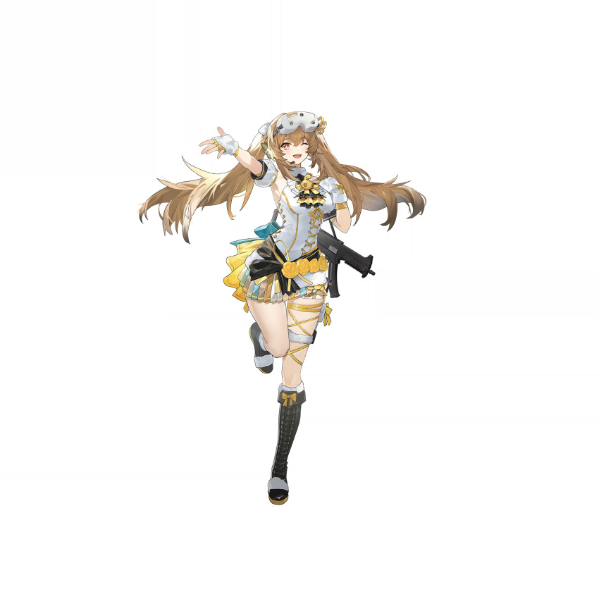 1girl, black_boots, boots, bow, bright_pupils, brown_hair, dress, fingerless_gloves, flower, full_body, girls'_frontline, girls'_frontline_2:_exilium, gloves, highres, knee_boots, lenna_(girls'_frontline_2), lenna_(vitality_magic)_(girls'_frontline_2), long_hair, looking_at_viewer, official_art, one_eye_closed, open_mouth, red_eyes, rose, smile, solo, standing, standing_on_one_leg, transparent_background, twintails, ump9_(girls'_frontline), white_dress, white_gloves, white_pupils, yellow_bow, yellow_flower, yellow_gloves, yellow_rose