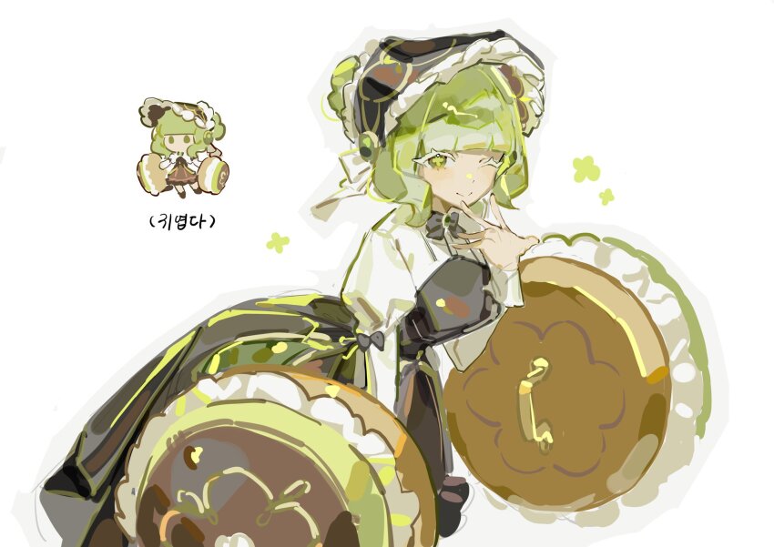 1girl, aegyo_sal, blunt_bangs, cookie_run, cookie_run:_kingdom, dress, f4d1a6, green_eyes, green_hair, green_tea_mousse_cookie, green_tea_mousse_cookie_(soft_laced_bonnet), hair_bun, highres, holding, humanization, juliet_sleeves, long_sleeves, looking_at_viewer, official_alternate_costume, puffy_sleeves, reference_inset, shield, short_hair, simple_background, solo, white_background
