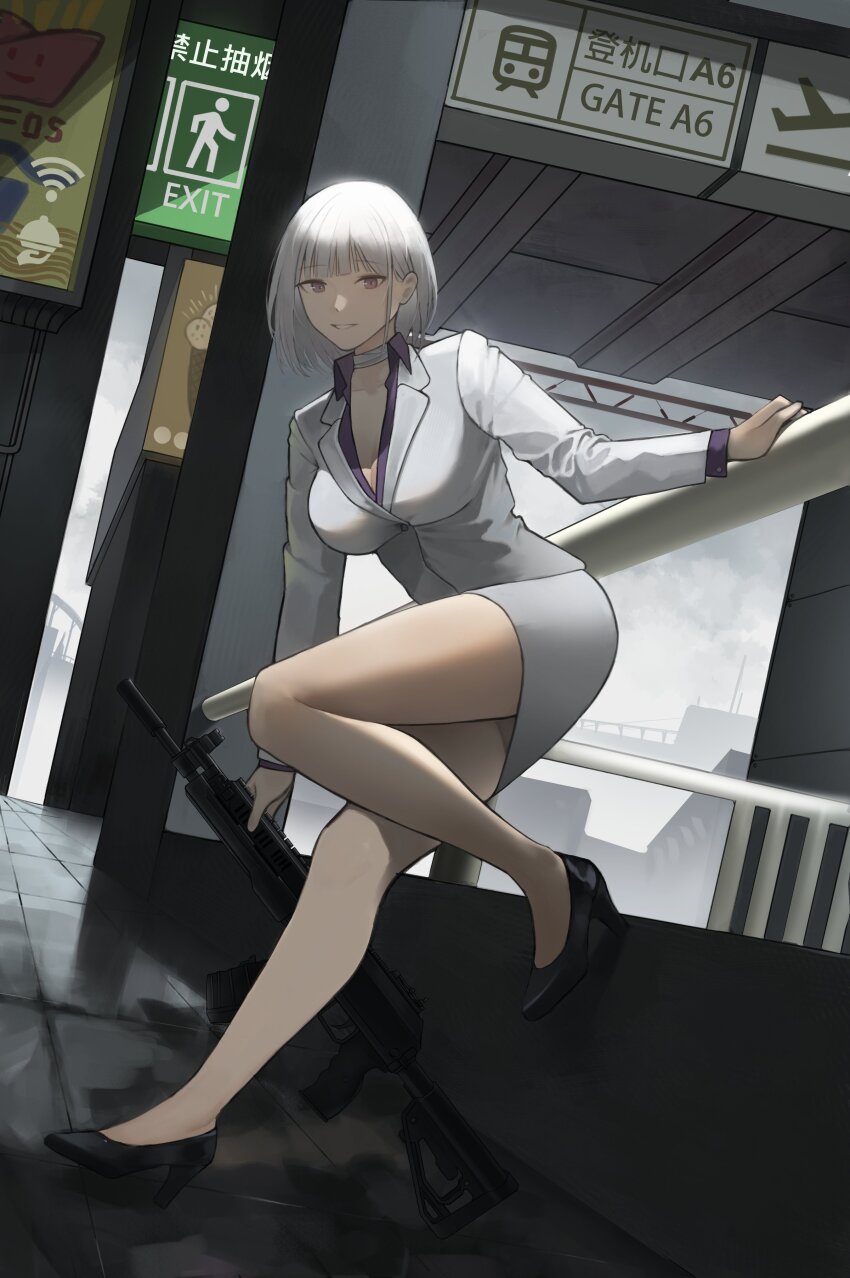 1girl, absurdres, bandaged_neck, bandages, business_suit, drum_magazine, formal_clothes, girls'_frontline