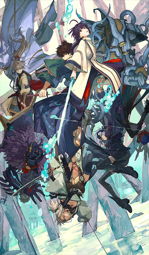 2girls, 2others, 4boys, ahoge, ambiguous_gender, androgynous, archer_(fate/samurai_remnant), armor, assassin_(fate/samurai_remnant), black_boots, black_cape, black_hair, black_thighhighs, blue_hair, blue_hakama, boots, braid, brown_hair, cape, caster_(fate/samurai_remnant), chinese_clothes, commentary_request, covered_face, divine_water_(fate), dual_wielding, dynamic_pose, fate/grand_order, fate/samurai_remnant, fate_(series), gradient_hair, green_kimono, grey_hair, hakama, hakama_pants, headpiece, holding, holding_sword, holding_weapon, hood, hood_up, japanese_armor, japanese_clothes, jeanne_d'arc_(fate), jeanne_d'arc_alter_(lancer)_(fate), katana, kimono, leg_up, long_hair, long_sleeves, miyamoto_iori_(fate), miyamoto_musashi_(fate), miyamoto_musashi_(woman_of_niten_ichiryuu)_(fate), multicolored_hair, multiple_boys, multiple_girls, multiple_others, official_art, pants, pentagram, ponytail, purple_hair, red_hair, sandals, short_hair, sidelocks, single_braid, sword, thighhighs, third-party_source, topknot, ushi_gozen_(fate), ushi_gozen_(rider)_(fate), wataru_rei, water, weapon, white_cape, white_hair, wide_sleeves, yamato_takeru_(fate)