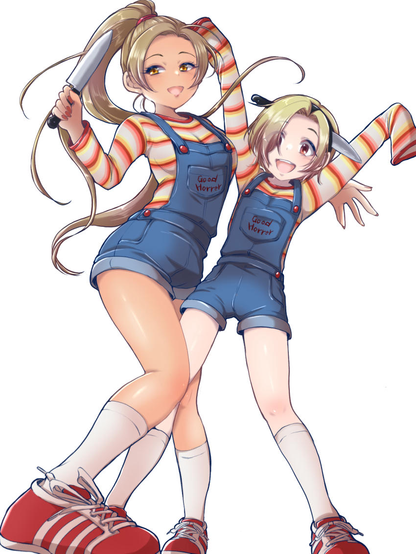 2girls, :d, alternate_costume, arms_up, blonde_hair, blue_overalls, child's_play, chucky, chucky_(cosplay), clothes_writing, cosplay, denim, eyelashes, hair_over_one_eye, halloween_costume, highres, holding, holding_knife, idolmaster, idolmaster_cinderella_girls, kiyowa1001, knife, long_hair, long_sleeves, matsunaga_ryo, multiple_girls, nail_polish, open_mouth, orange_eyes, overalls, ponytail, red_eyes, red_nails, red_shoes, shirasaka_koume, shirt, shoes, short_hair, simple_background, sleeves_past_wrists, smile, socks, standing, striped_clothes, striped_shirt, teeth, upper_teeth_only, white_background, white_socks