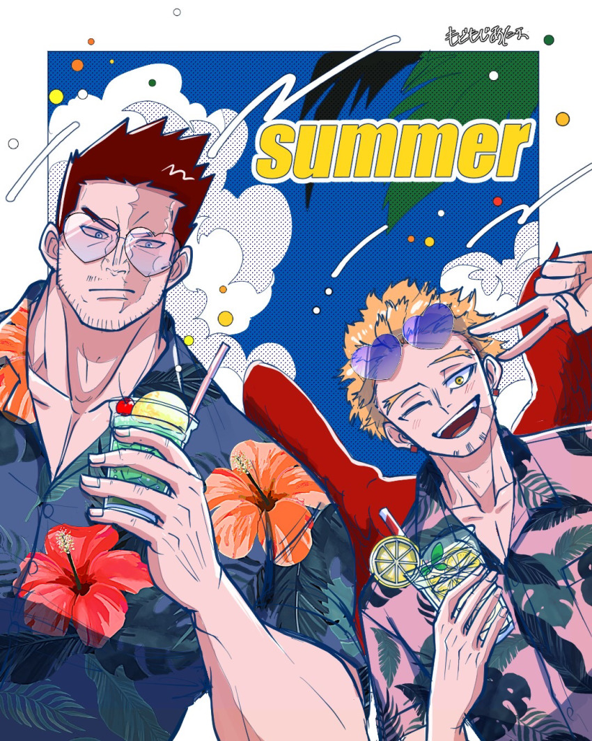 2boys, alternate_costume, beard_stubble, blonde_hair, blue_eyes, boku_no_hero_academia, commentary_request, cup