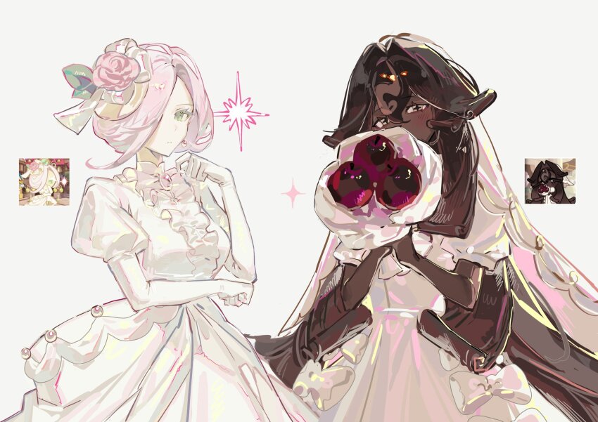 2girls, black_forest_cookie, blush, bouquet, bow, bridal_veil, brooch, brown_hair
