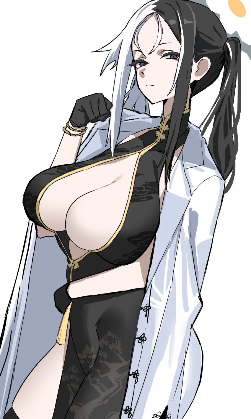 1girl, absurdres, black_dress, black_eyes, black_gloves, black_hair, blue_archive, breasts