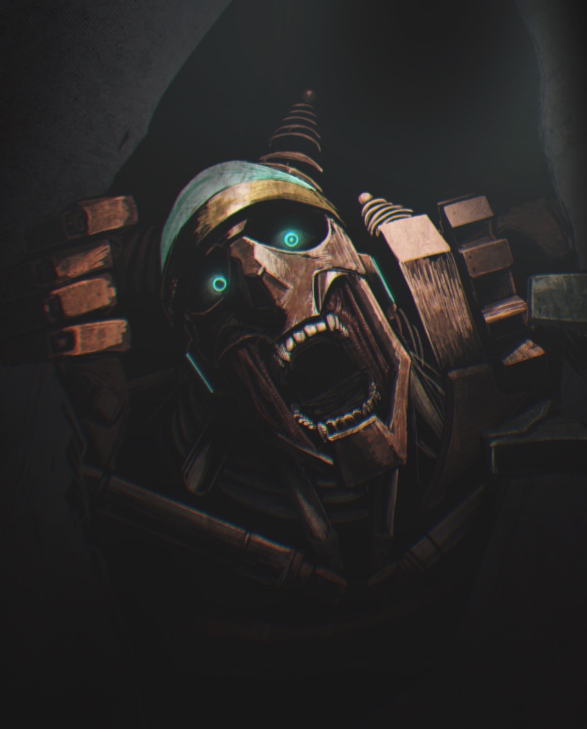 1other, absurdres, gears, glowing, glowing_eyes, highres, horns, looking_at_viewer