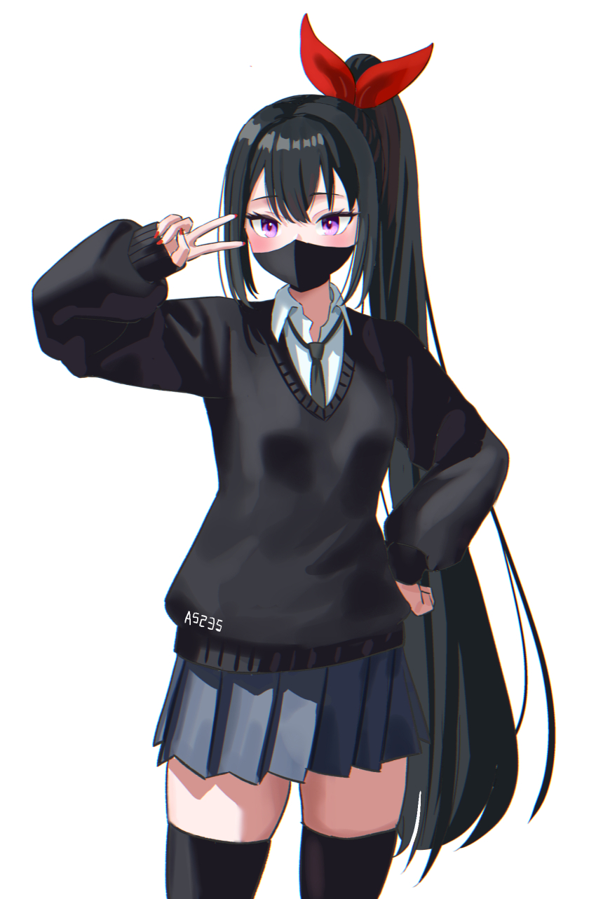 1girl, a5235, artist_name, black_hair, black_mask, black_necktie, black_sweater, black_thighhighs