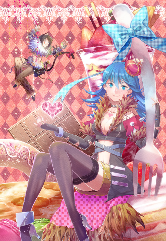 1boy, 1girl, animal_ears, animal_print, argyle_background, black_coat, black_gloves, black_hair