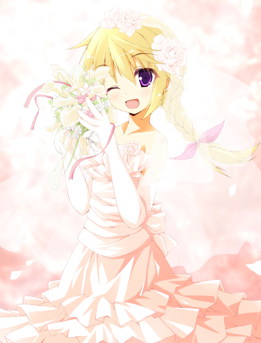 10s, 1girl, ;d, altivr, blonde_hair, bouquet, braid, charlotte_dunois