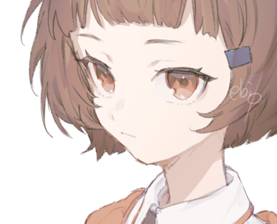 1girl, :|, blunt_bangs, bob_cut, brown_eyes, brown_hair, closed_mouth, collared_shirt