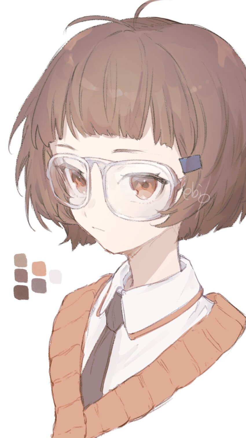 1girl, :|, antenna_hair, black_necktie, blunt_bangs, bob_cut, brown_eyes, brown_hair