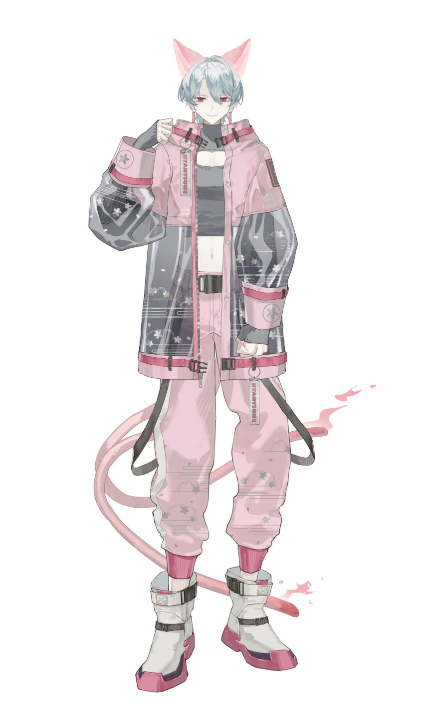 1boy, 3pel1, animal_ears, cat_ears, cat_tail, clenched_hands, clothing_cutout, commentary, crop_top, earrings, english_commentary, full_body, grey_hair, grey_shirt, hair_between_eyes, highres, indie_virtual_youtuber, jacket, jewelry, looking_at_viewer, male_focus, navel, nyantsume, official_alternate_costume, official_alternate_hairstyle, pants, pink_jacket, pink_pants, red_eyes, second-party_source, shirt, shoes, simple_background, smile, solo, standing, tail, virtual_youtuber, white_background, white_shoes