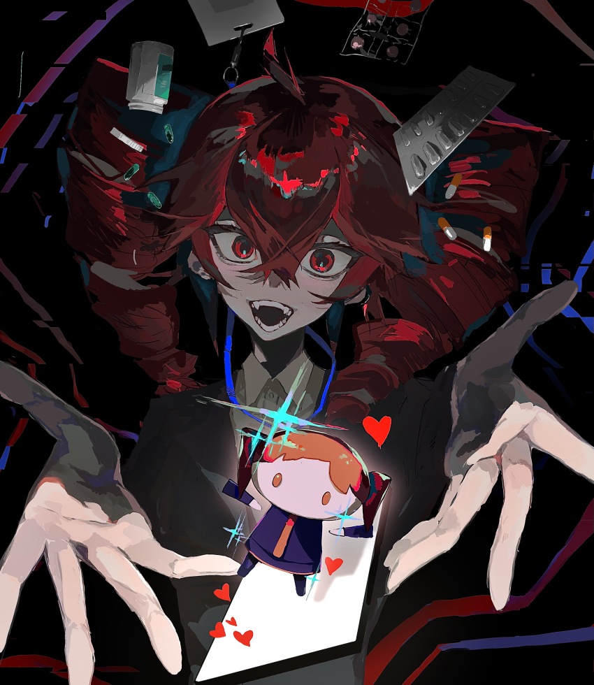 2girls, absurdres, ahoge, black_jacket, black_skirt, black_sleeves, blister_pack, chibi