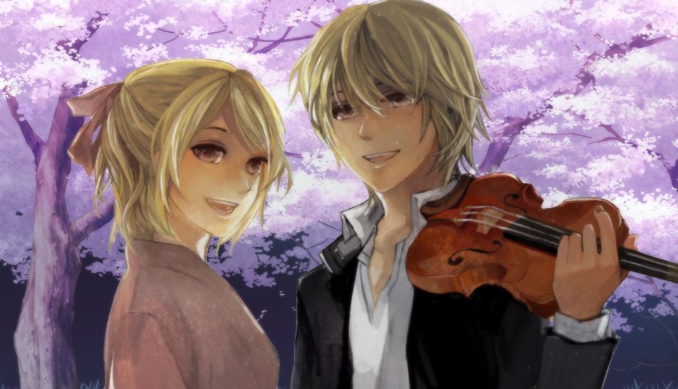1boy, 1girl, blonde_hair, bow, brother_and_sister, hair_bow, instrument, kagamine_len