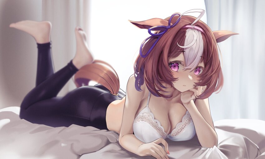 1girl, absurdres, animal_ears, barefoot, bed, black_pants, blush, bra, breasts, brown_hair, cleavage, curtains, expressionless, full_body, fuwamozzi, hair_ribbon, hairband, hand_on_own_cheek, hand_on_own_face, highres, horse_ears, horse_girl, horse_tail, indoors, large_breasts, long_sleeves, looking_at_viewer, lying, meisho_doto_(umamusume), multicolored_hair, no_shirt, on_bed, on_stomach, open_mouth, pants, pink_eyes, pink_hairband, purple_ribbon, ribbon, short_hair, solo, tail, the_pose, two-tone_hair, umamusume, underwear, white_bra, white_hair, yoga_pants