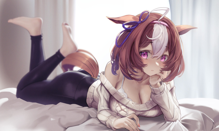 1girl, absurdres, animal_ears, barefoot, bed, black_pants, blush, bra