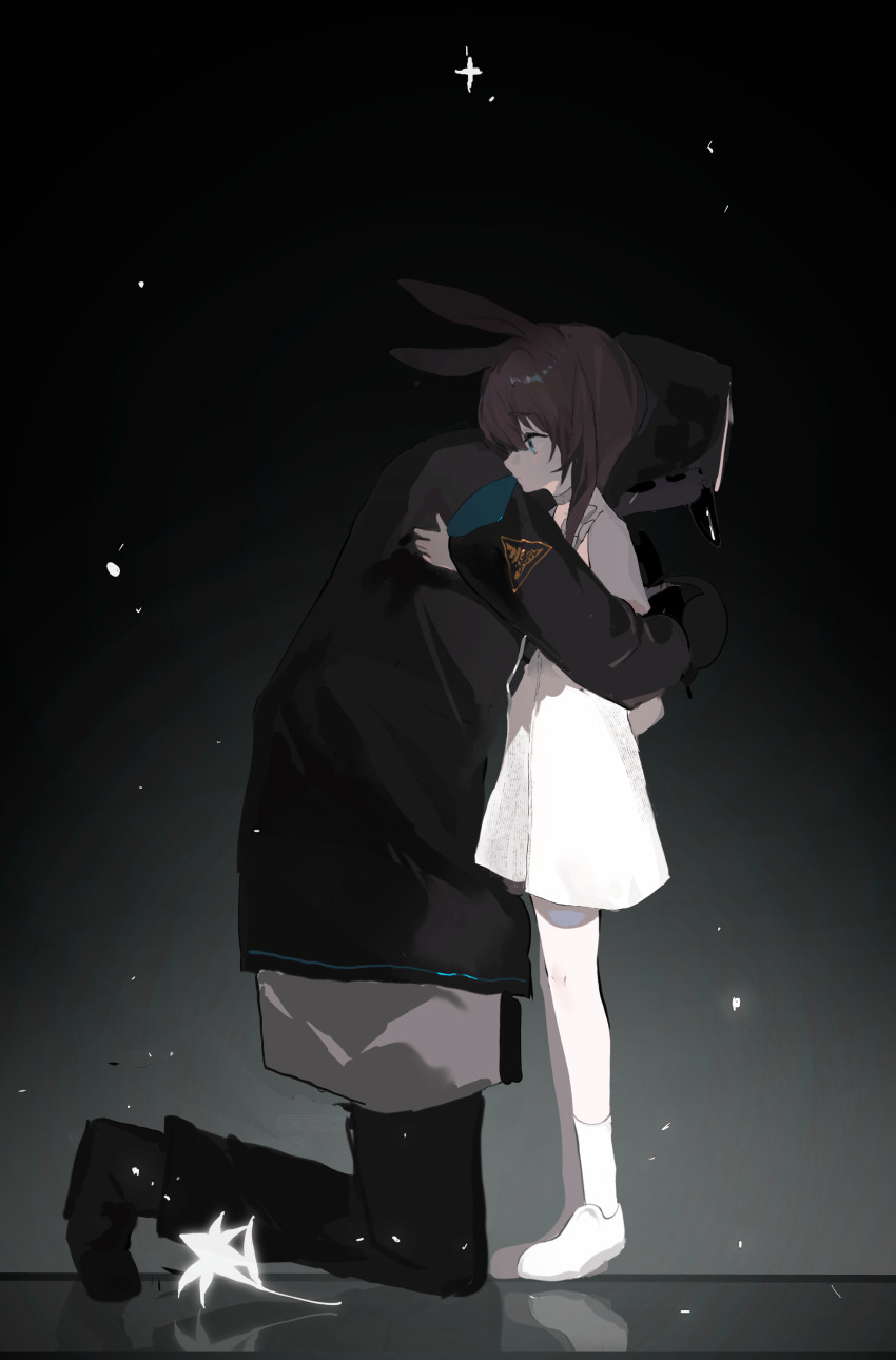 1girl, 1other, absurdres, amiya_(arknights), animal_ears, arknights, black_coat, black_gloves