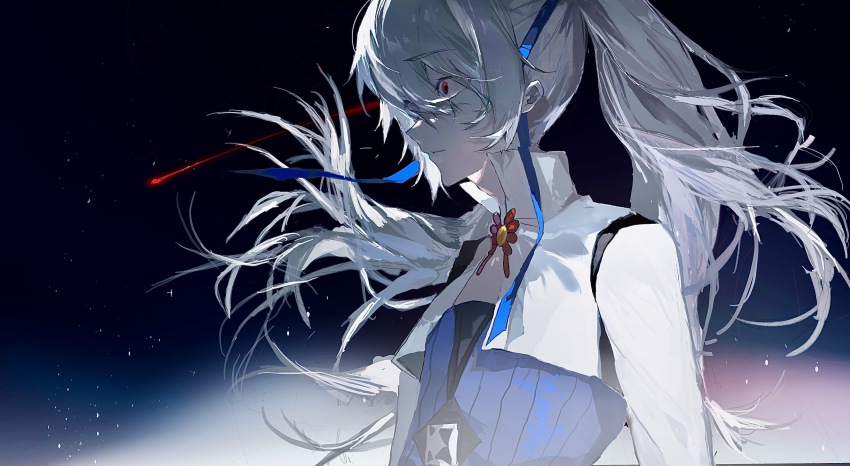 1boy, absurdres, blue_ribbon, chinese_commentary, closed_mouth, comet, commentary_request, constricted_pupils