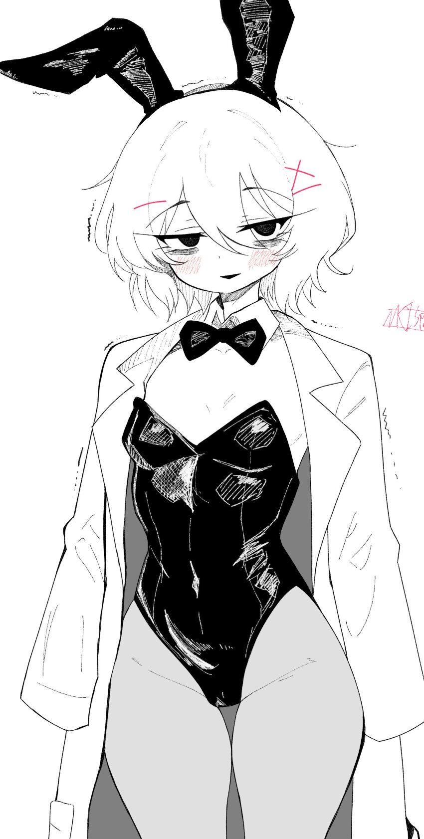 1girl, absurdres, animal_ears, blush, borrowed_character, bow, bowtie, breasts, detached_collar, hair_ornament, hairclip, highres, lab_coat, medium_hair, messy_hair, miketsushuu, original, pantyhose, playboy_bunny, rabbit_ears, simple_background, small_breasts, spot_color, useless_science_club_senpai_(yasashii_naizou), white_background