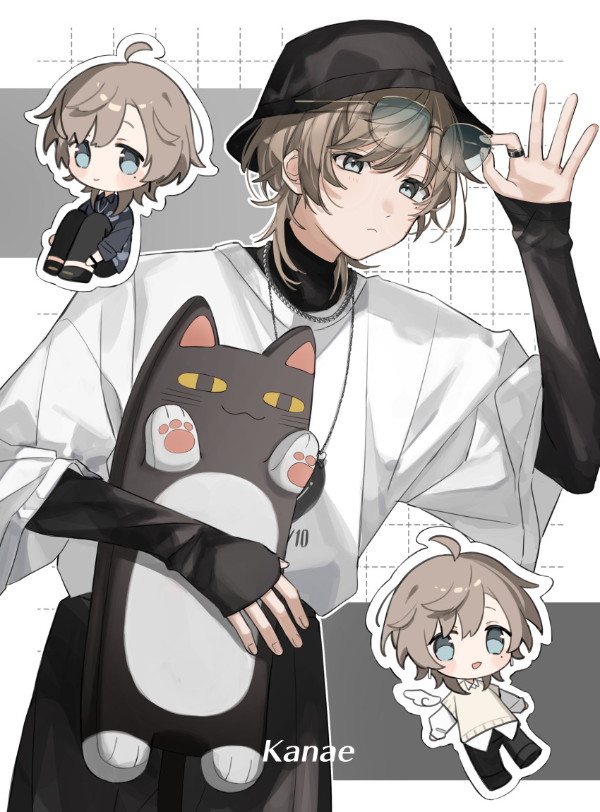 1boy, absurdres, ahoge, black_hat, blue_eyes, blush, brown_hair, character_name