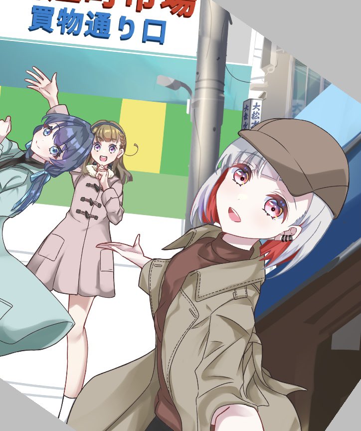 3girls, :d, aqua_coat, black_hairband, black_pants, black_scarf, blue_hair, blue_ribbon