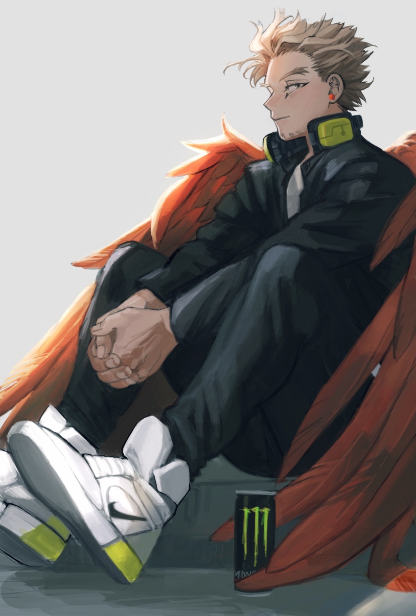 1boy, black_jacket, black_pants, boku_no_hero_academia, brown_hair, closed_mouth, earbuds, earphones