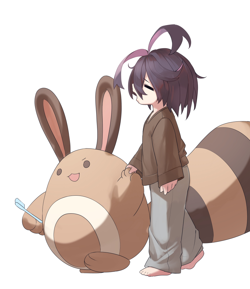 1boy, absurdres, aged_down, barefoot, brown_shirt, closed_eyes, commentary_request, from_side