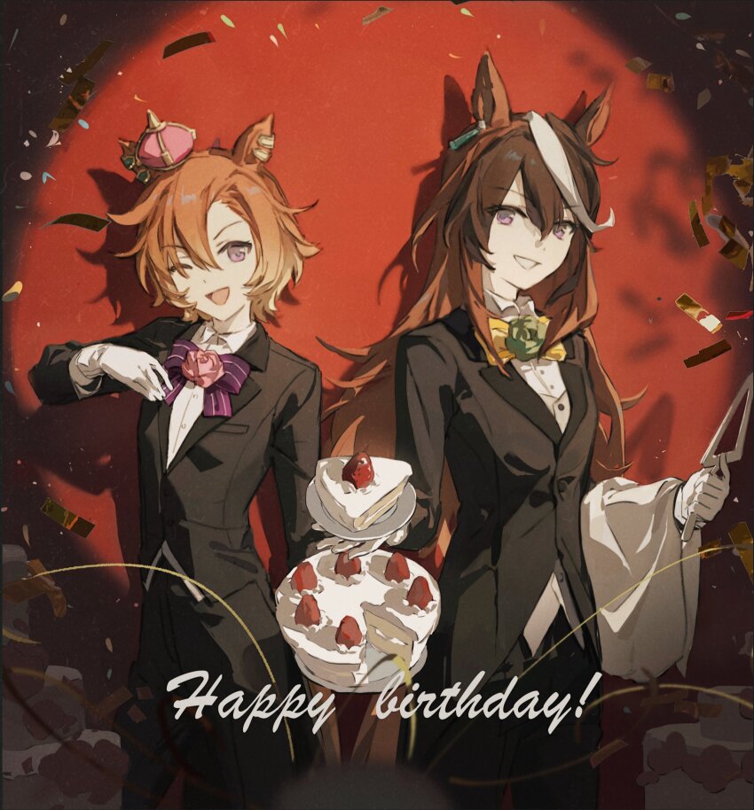 2girls, alternate_costume, animal_ears, bear_pin, black_jacket, black_pants, bow, bowtie