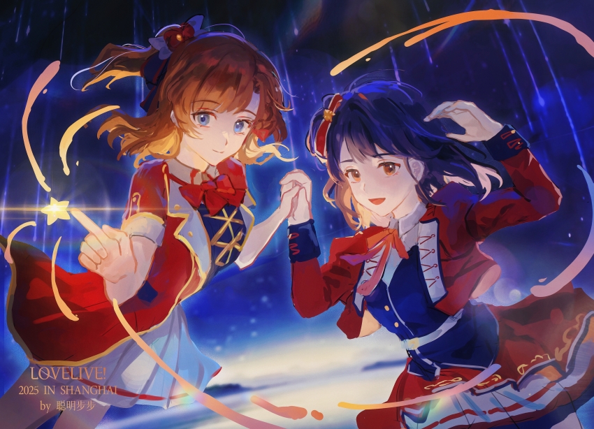 2025, 2girls, absurdres, blue_eyes, blue_hair, bow, bowtie, brown_eyes