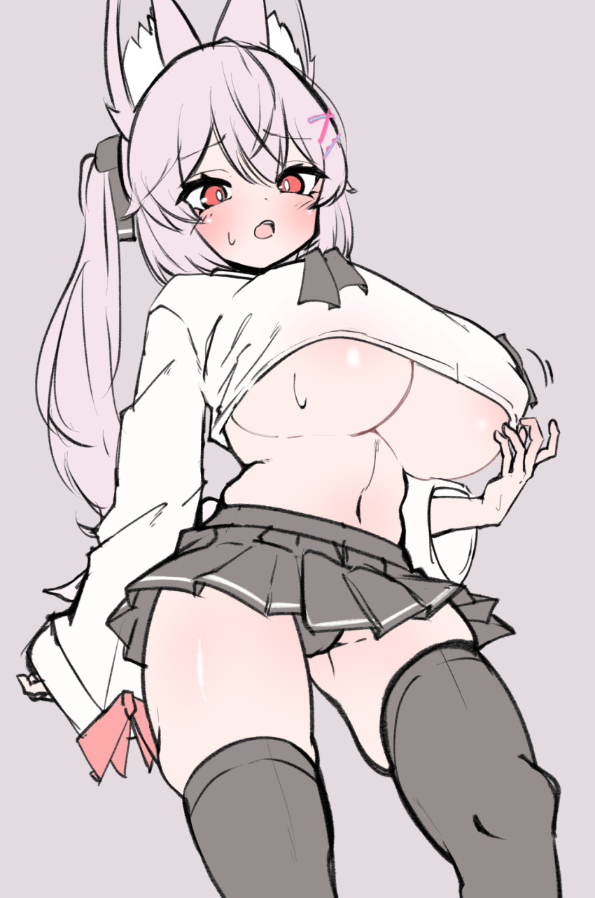 1girl, animal_ear_fluff, animal_ears, areola_slip, black_panties, black_ribbon, black_skirt, black_thighhighs